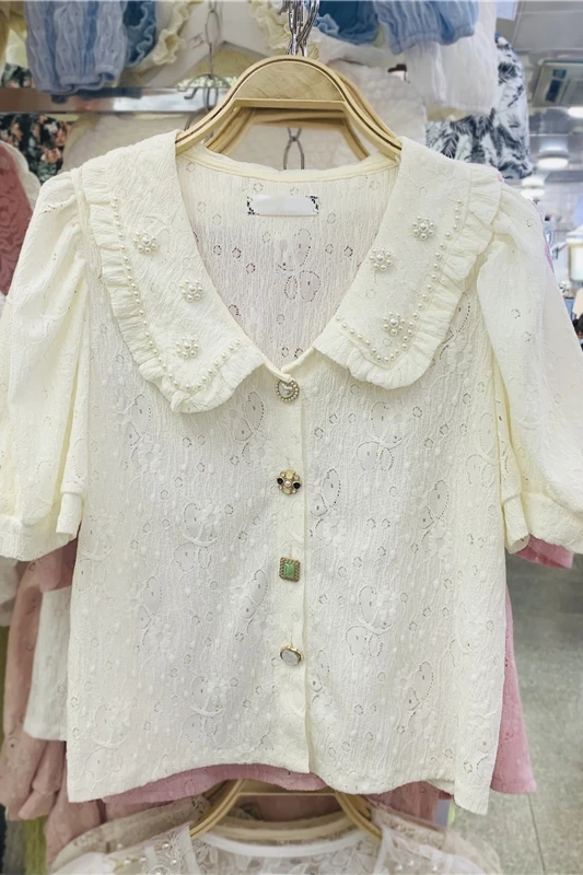 

Korean Style New Fashion Shirt Doll Collar Beaded Puff Sleeve Top for Women Summer Retro Blusas Color Buckle Short Sleeve Blouse