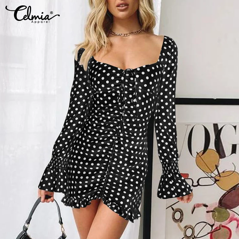 

Women Sexy Square Collar Party Mini Dress Celmia Autumn Long Sleeve Backless Dresses Fashion Polka Dot Folds Tight Fit Vestidos