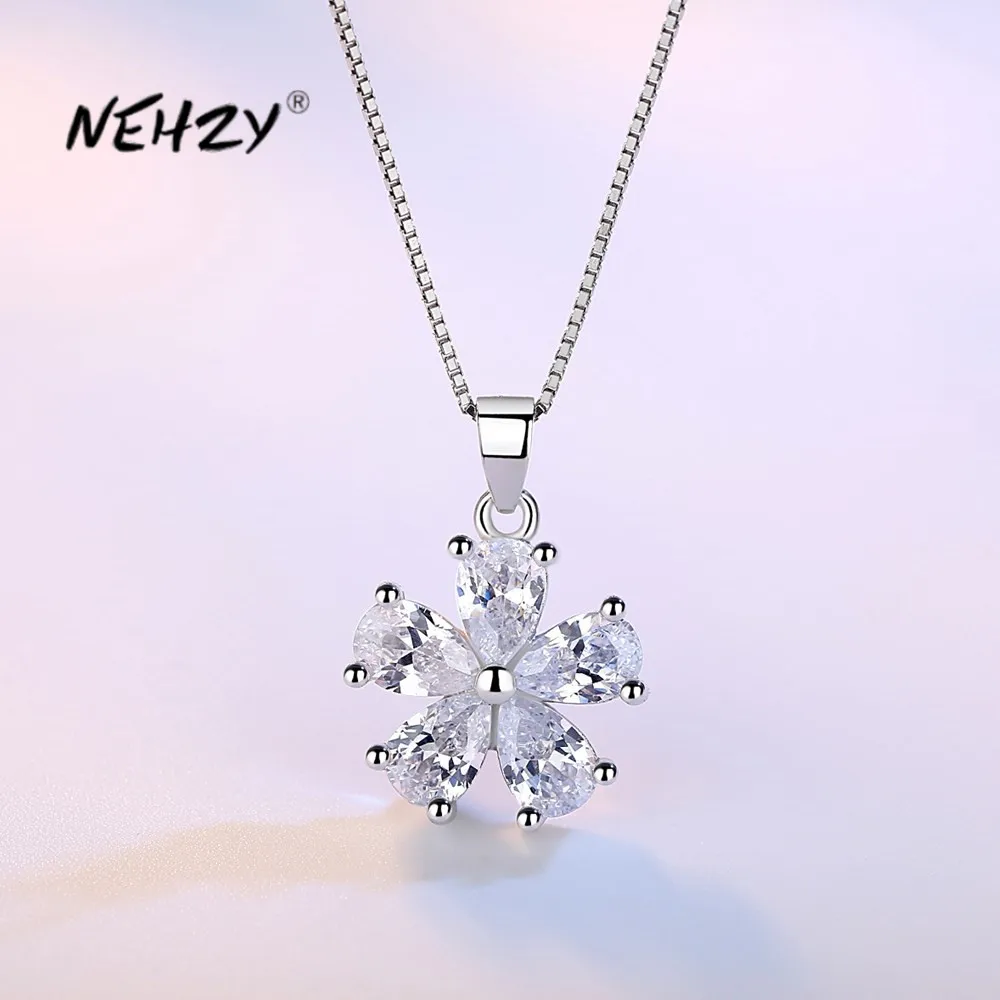 

NEHZY S925 Stamp Silver New Woman Fashion Jewelry High Quality Simple Crystal Zircon Flower Pendant Necklace Length 45CM