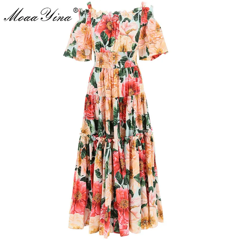 

Платье MoaaYina женское хлопковое с эластичным поясом, модное пляжное платье с цветочным принтом камелии для отпуска, на лето