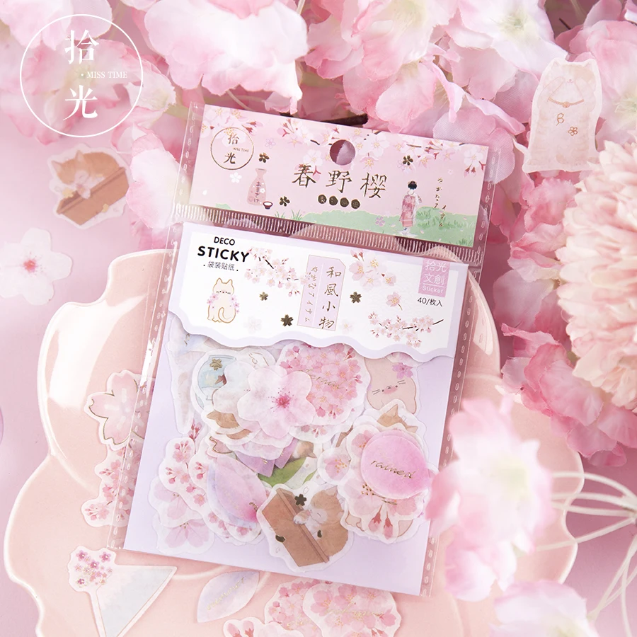

11 Styles 40pcs /pack Pink Style Sakura Cat Japanese Life Washi Stickers Computer Notebook Hand Account Decor
