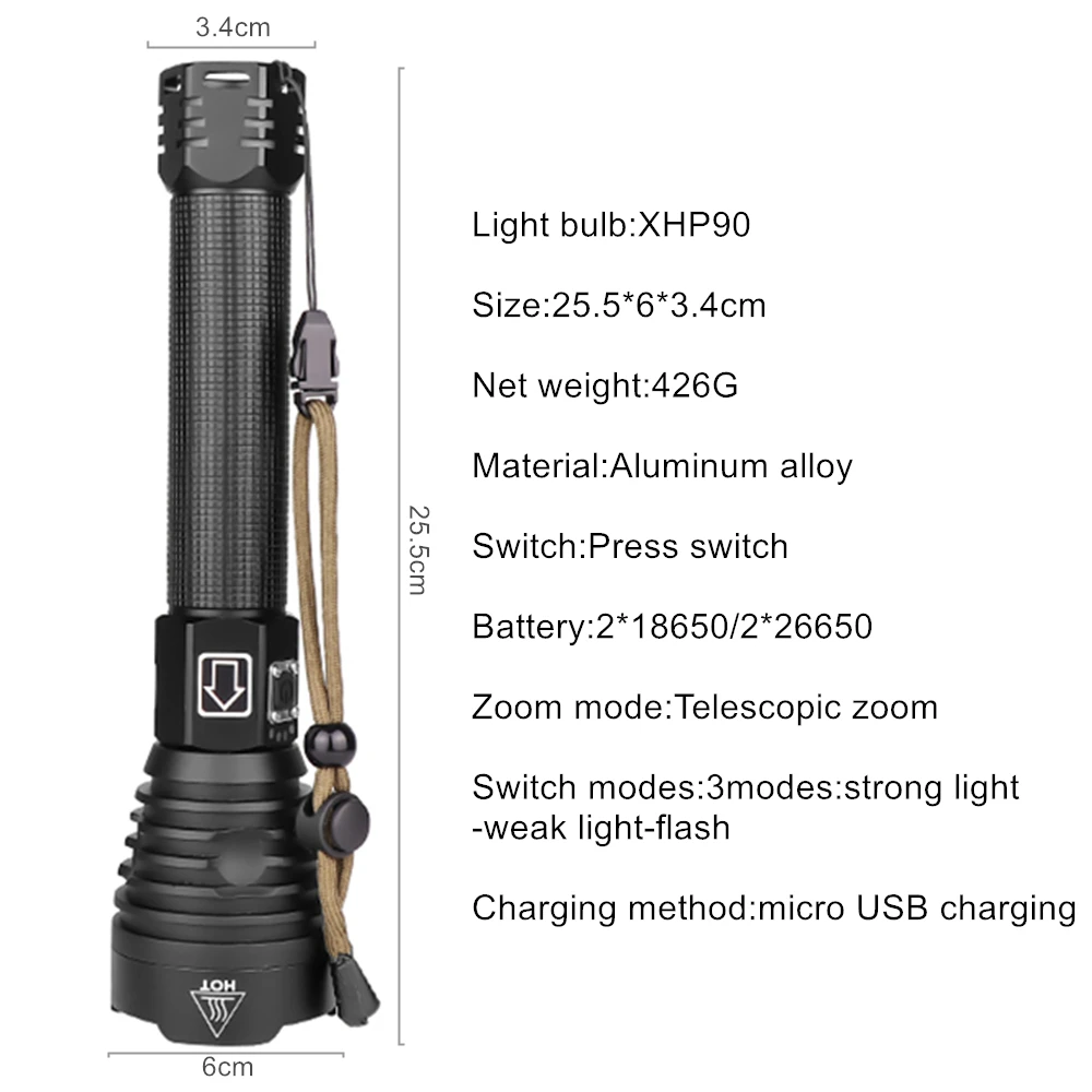 Светодиодный тактический вспышки светильник XHP70.2 XHP50.2 XHP90 USB Перезаряжаемые Водонепроницаемый Охота светильник 18650 26650 масштабирования фонарь