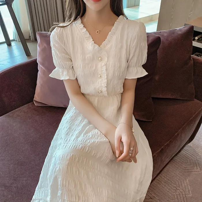 

Women Office Casual Maxi Long Midi A-Line Dress Female 2020 Summer White Purple Solid Ruffled Short Sleeve Elegant Party Dress