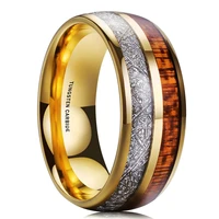 trendy 8mm mens golden stainless steel ring hawaiian koa wood and meteorites inlaid dome engagement ring mens wedding band
