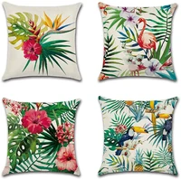 4 pieces of linen throw pillow pillowcase square tropical rainforest flower plant flamingo decoration 45x45cm