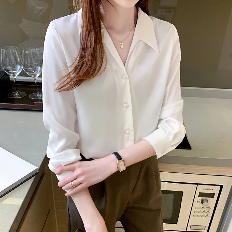 

Fashion clothing female New 2021 Long Sleeve Blouses Shirt female V-neck Button Up Satin Silk Shirt Vintage harajuku shirt 580D