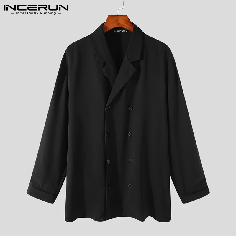 INCERUN 2022 Spring Double Breasted Men Casual Shirt Long Sleeve Lapel Neck Blouse Man Leisure Solid Color Camisa Masculina 5XL