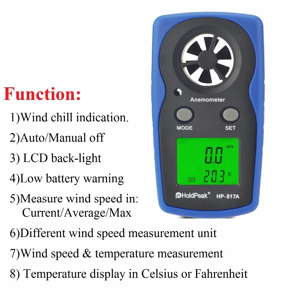 HoldPeak HP-817A Digital Anemometer 30m/s LCD Wind Speed Measurement Device Handheld Anemometro Measure tools | Измерительные