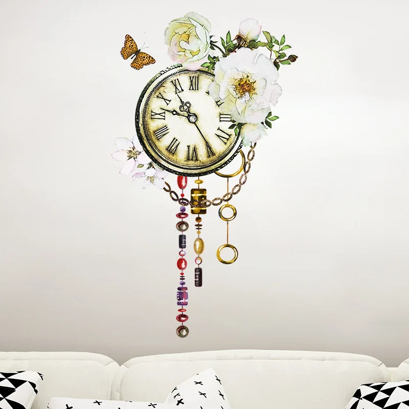 Часы акварельные декоративные стикеры романтический цветок бабочка настенные