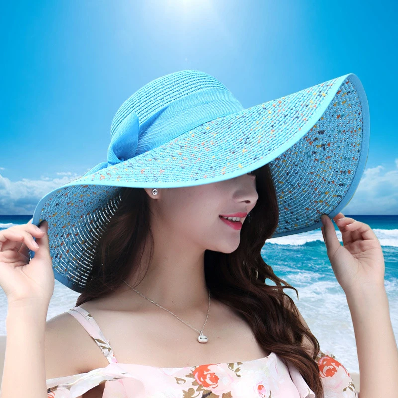 

Summer Female Sun Hats Visor Hat Big Brim Solid Folding Straw Hat Casual Outdoor Beach Cap For Women UV Protection Hat