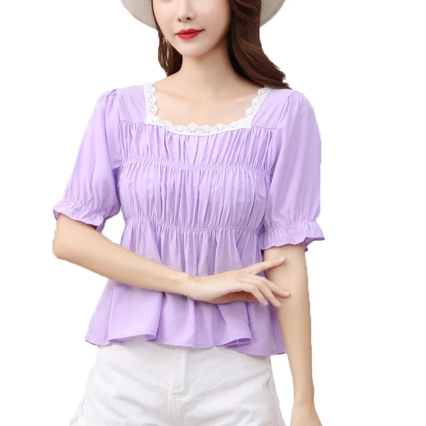 YOMING Women 2021 Summer Short Sleeve Slim Square Collar with Lace trimSolid Color Shirt Elegant Blouse images - 6