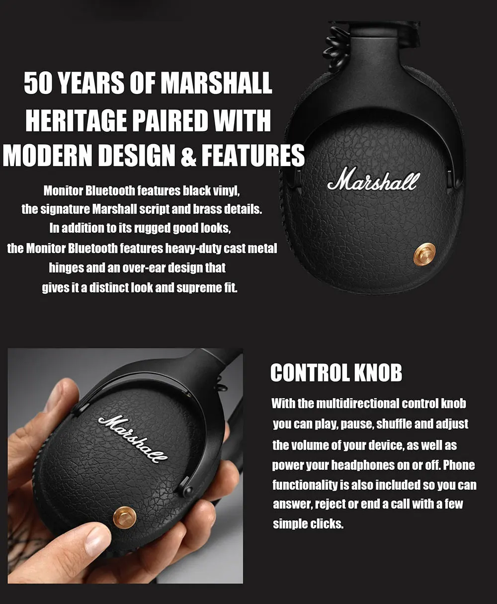 Беспроводные наушники MARSHALL Monitor с Bluetooth, наушники Rock Bass, оригинальные складные Накладные наушники черного цвета
