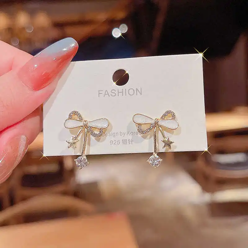 

S925 silver needle Korean new bow and diamond earrings for women