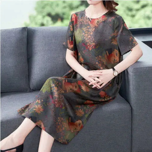 

Mother summer heavy imitation ice silk dress fat sister long middle-aged and elderly large size women's 100.00kg dress