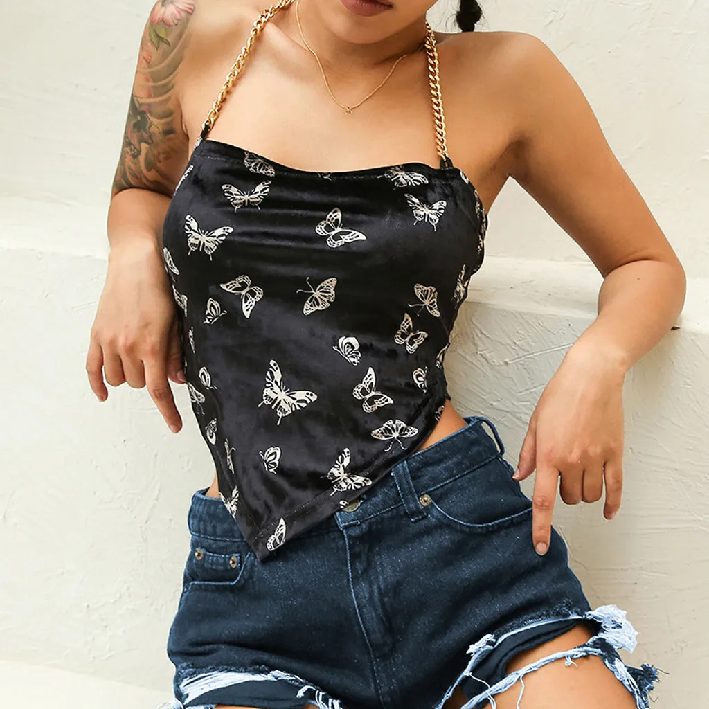 Женский укороченный топ без рукавов черный готический с бретелькой через шею и