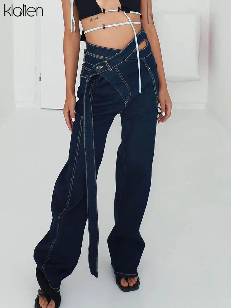 

KLALIEN High Waist Loose Solid Cotton Soft Jeans For Women 2021 New Casual Streetwear Wild Basic Wide Leg Pants Simple Elegant