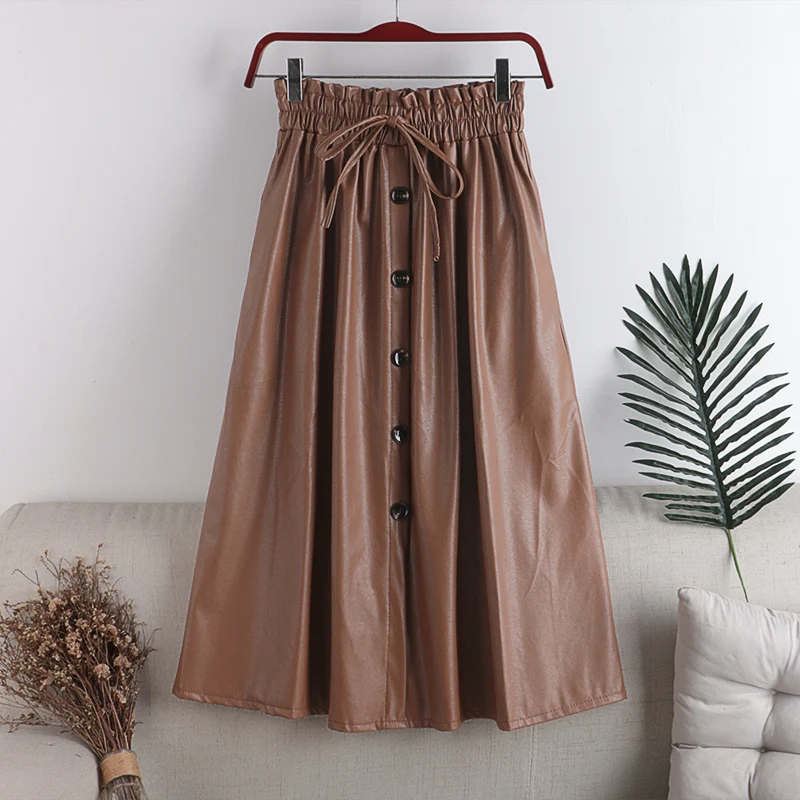 

Autumn Winter Skirts Womens 2020 New Suede Leather Single-Breasted Woman Skirt Stretchy Waist Bowtie Slim Female A-Line Skirts