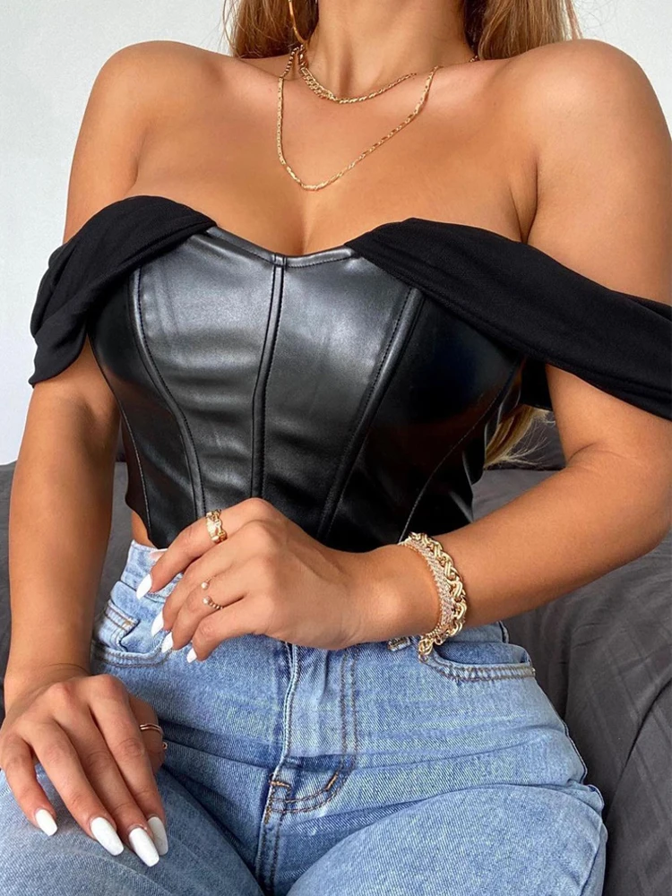 

2021 Summer Women T-shirts Off Shoulder Knitting Crop Top PU Shirt