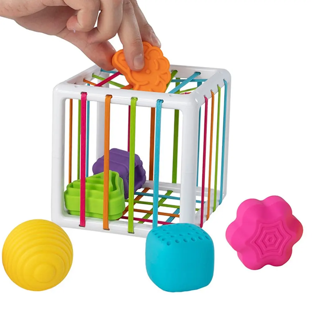 

Chunky Shape Blocks Cube Box Bin Toy With Elastic Bands Colorful Sorter Shapes Sorting Matching Educational Toy