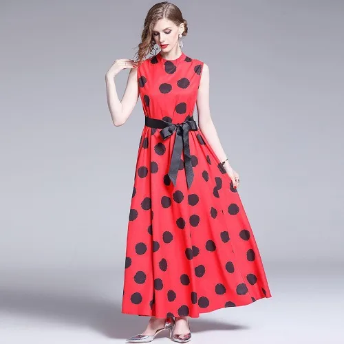 

High Quality Spring Summer Woman Dress Black Dot Print Red Dress Ball Gown Black Ribbon Belt Ankle Length Maxi WomenTank Desses