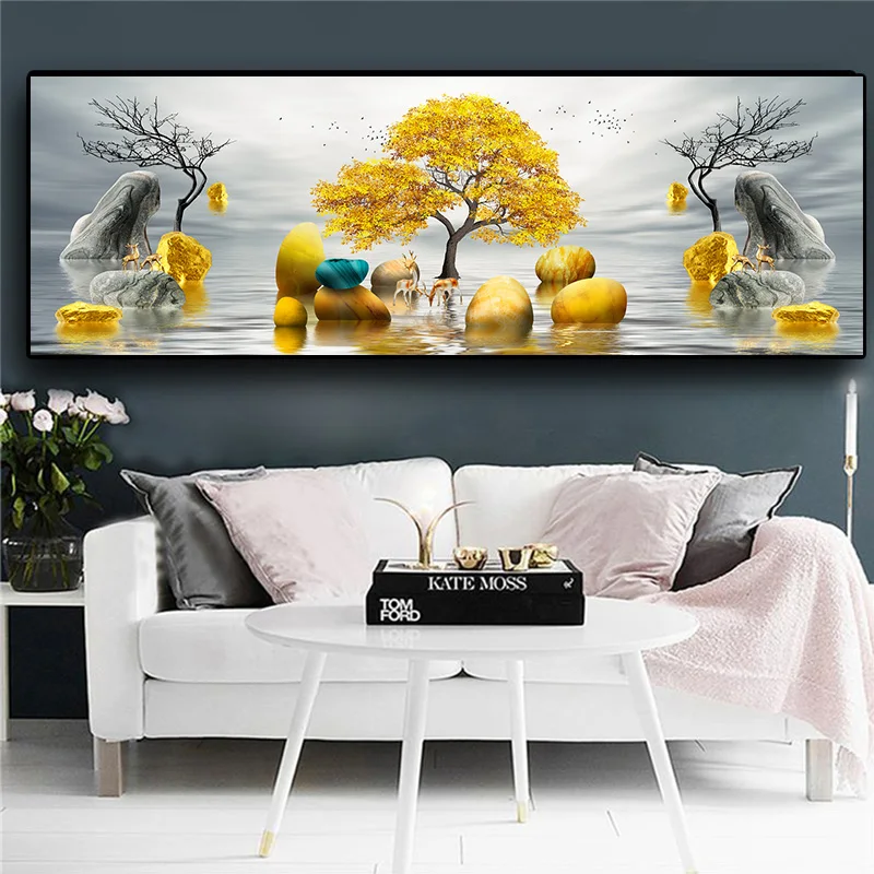

Nordic Modern Home Decor Poster Gold Elk Tree Stone Landscape Canvas Painting On The Wall Art Picture for Living Room Bedroom