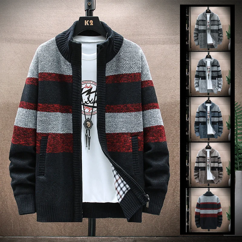 

2021 Autumn Korean Hooded Men's Thick Sweaters with Velvet Men's Cardigan Knitted Sweatercoats Patchwork Jacket Male M-3XL 6629