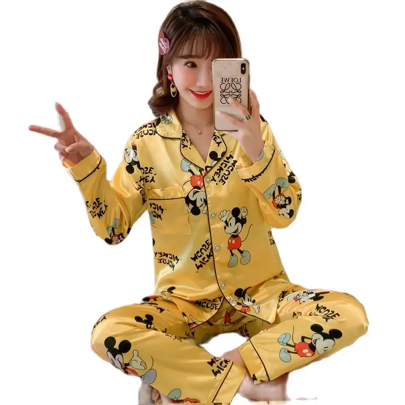 

Женская атласная шелковая свободная пижама Disney Пижама с Микки Маусом 2 Pjs Kawaii, домашняя одежда, ночная рубашка, пижама, комплект из 2 предмето...