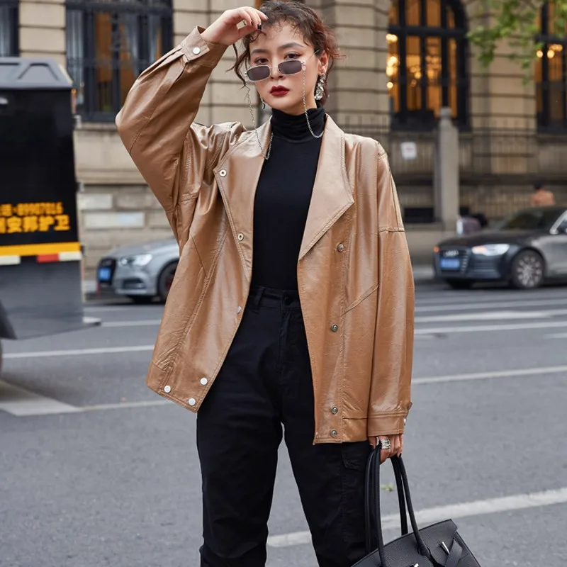 

2021 Spring Autumn PU Leather Short Women Jacket Fashion Vintage Streetwear Loose Pockets Zipper Hip Hop Coat Turn-Down Collar