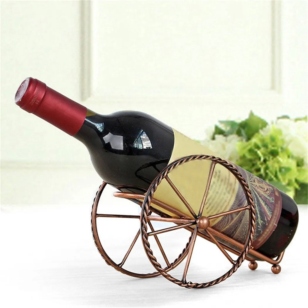 

1 PC Length Width Height 18*4*6cm Wheel Diameter 12cm Wine Rack Bronze Iron Wheels Design Kitchen Wine Holder