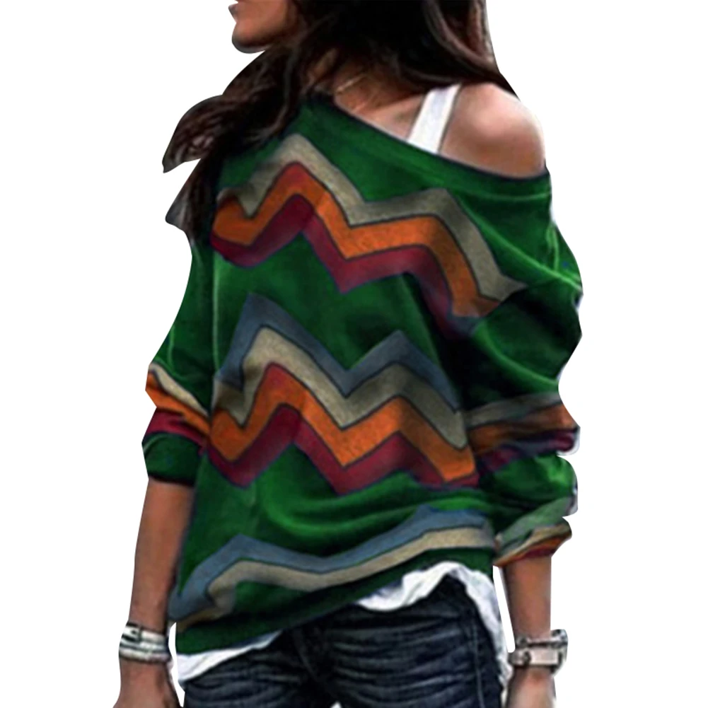 Сексуальный женский пуловер с геометрическим принтом открытыми плечами длинным