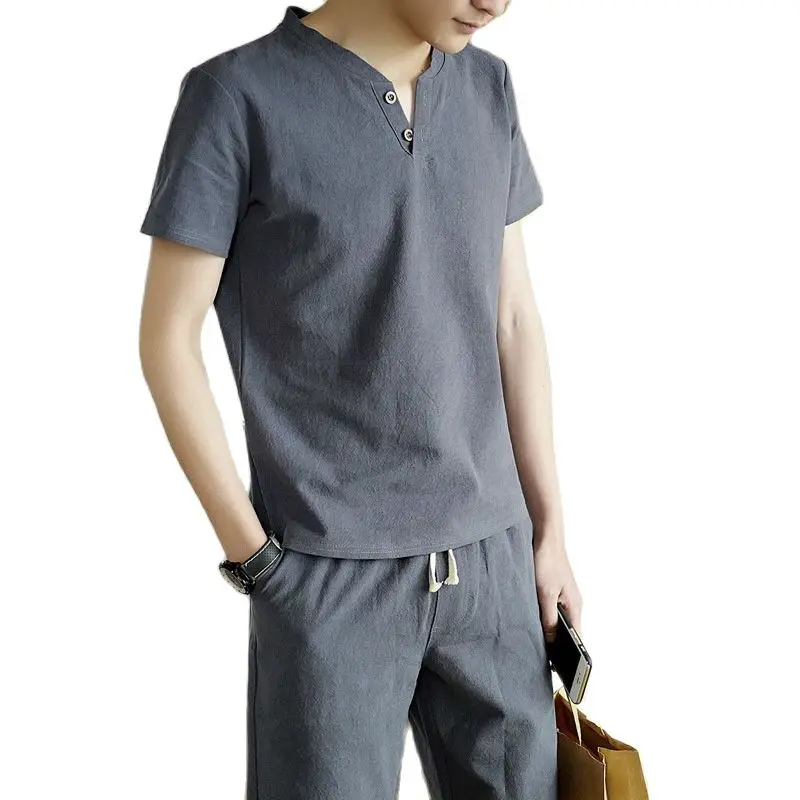 

Fashion Summer Shorts 2 Pieces Sets Mens Sets Linen and Cotton tshirt with Shorts Pants Casual T shirt Male Clothing