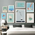 Абстрактный скандинавский постер для пляжа, воды, вина, бокала, кофе, чашки, плавания, настенный художественный принт, холст, живопись, Декор, картины для гостиной