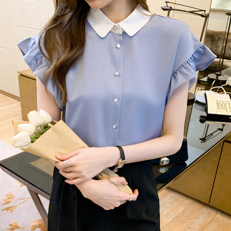 

Summer Korean Fashion Satin Women Shirts Turn-down Collar Office Lady Button Up Blouse Black Green Ladies Tops
