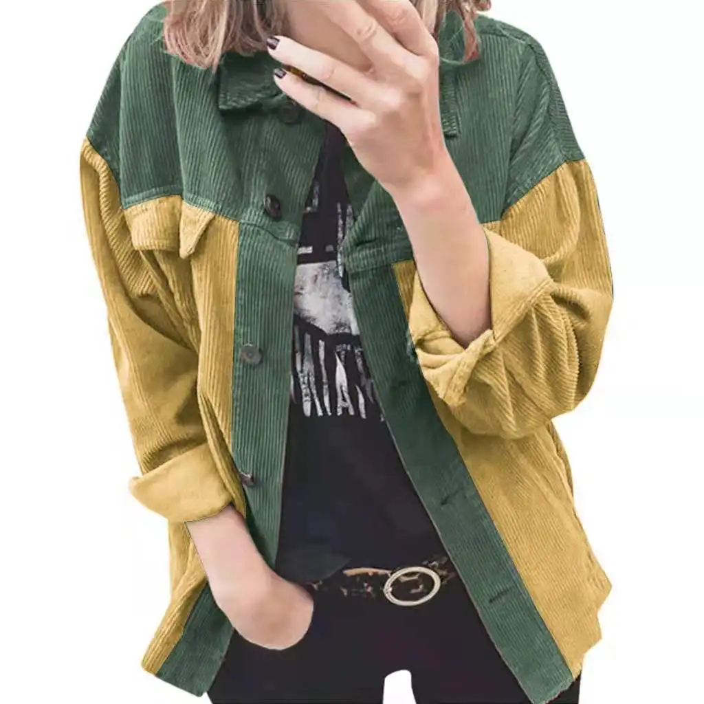 

Повседневная Вельветовая рубашка-куртка на пуговицах с цветными блоками, модный топ в Корейском стиле с отложным воротником, однобортная у...