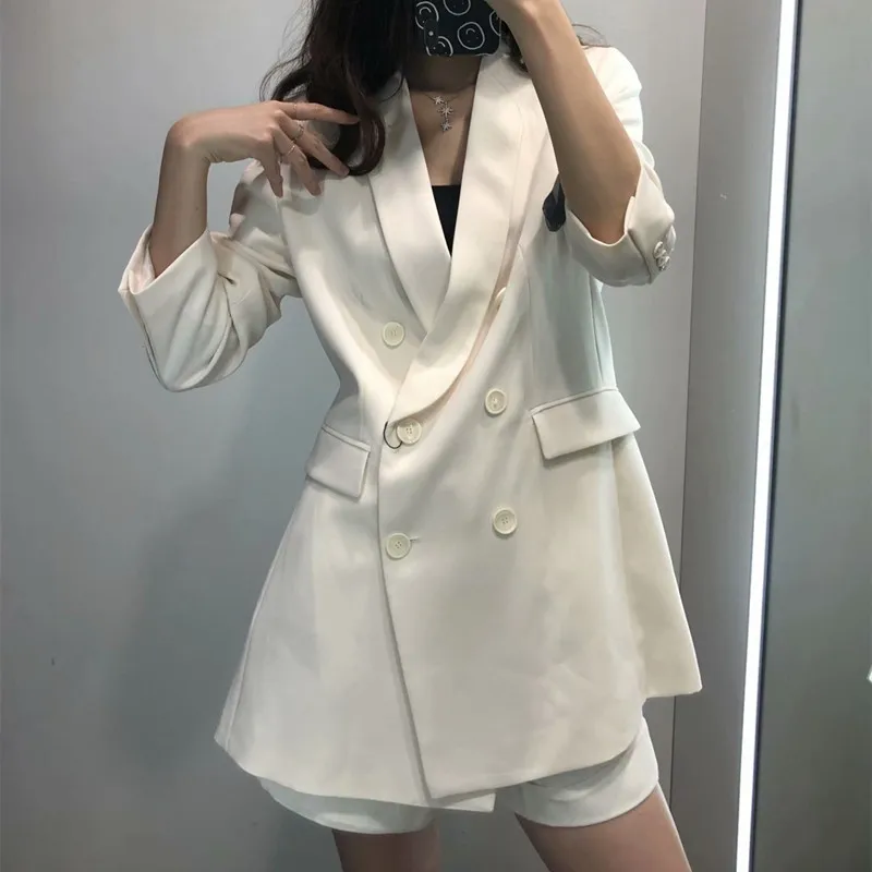 

Women 2021Fashion Office Wear Double Breasted Blazer Coat Vintage Long Sleeve Pockets Female Outerwear Chic Tops