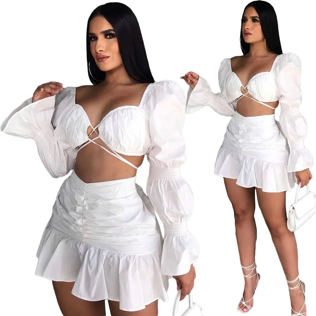 

Autumn Women's Fashion Lantern Sleeve Pleated Skirt Two Piece Set