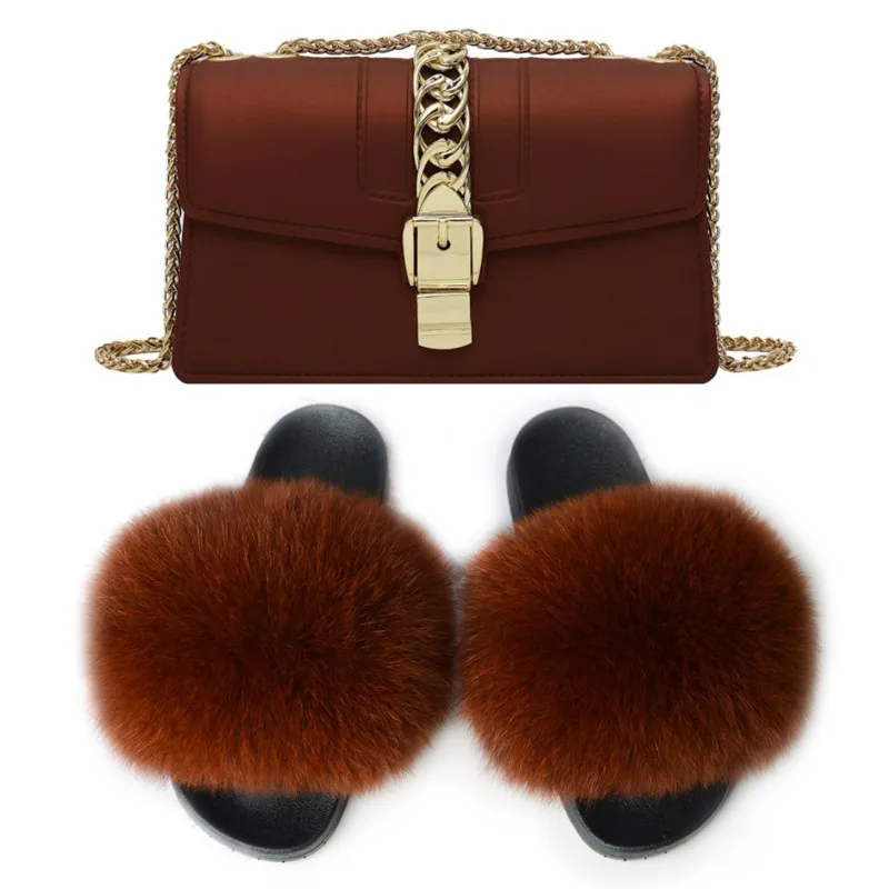 Тапки женские из натурального Лисьего меха пушистые сланцы милые туфли на