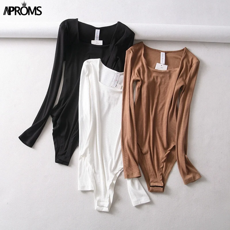 Aproms белый квадрат шеи трикотажные боди Для женщин пикантные Ribbed Long Sleeve Slim Fit боди уличная комбинезон для Для женщин топ