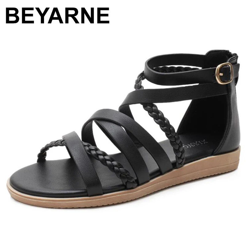 

BEYARNE Women Flat Sandals Ladies Soft Leather Weave Cross Straps Design Female Shoes Cover Heel Zipper Open Size 36-42