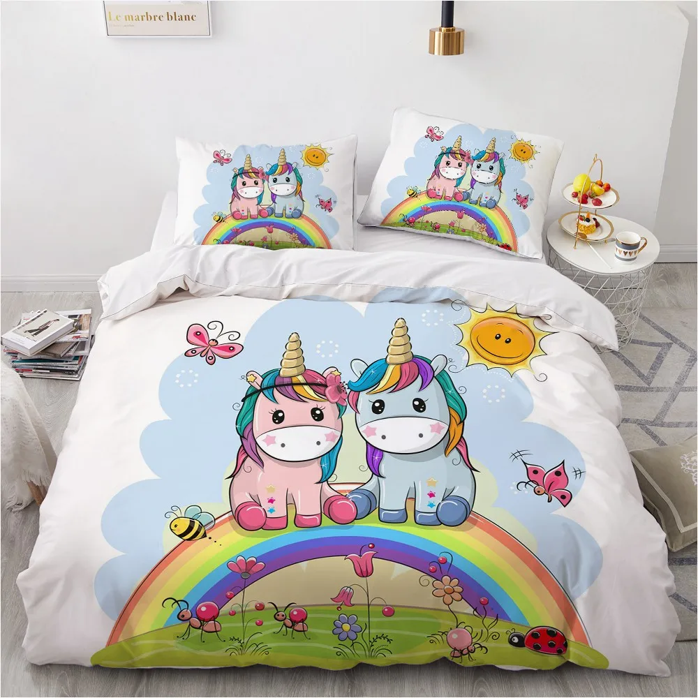 

3D Custom Design Cartoon Unicorn Quilt Cover Sets Full King Twin Comforther Covers Pillow Covers 203*230cm Size White Bedclothes