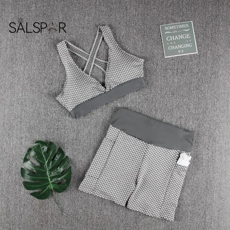 

SALSPOR женский спортивный комплект с шортами и карманами, бесшовный комплект для фитнеса, жаккардовый спортивный бюстгальтер, женская одежда