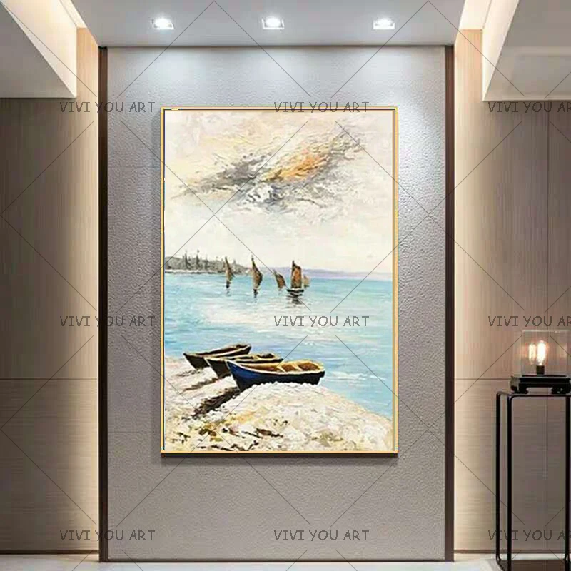 

Большая Ручная роспись Настенная картина на холсте картины морской пейзаж Современная гостиная домашний декор Лодка Пейзаж картина маслом на холсте