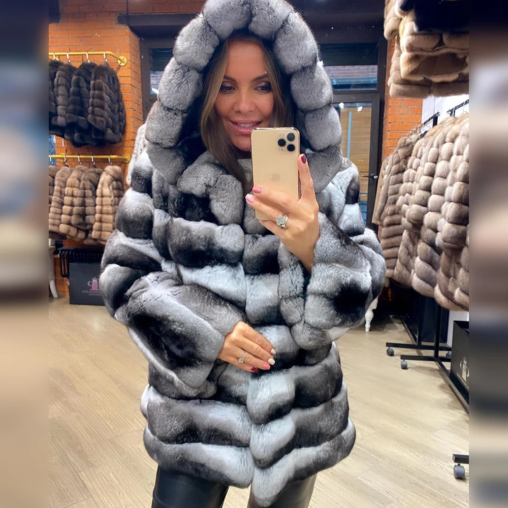 Women Medium Length Real Rex Rabbit Fur Coat with Hood Thick Warm Winter Fur Overcoats Chinchilla Color Natural Rabbit Jackets enlarge
