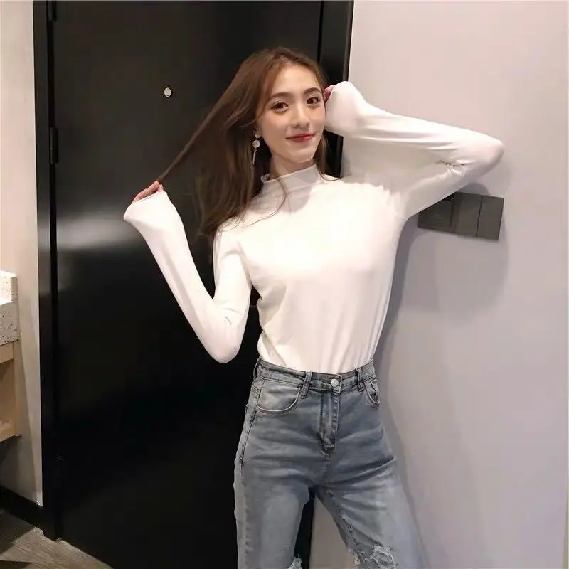 Long Sleeve Women's T-shirts Clothes Tops Casual Korean Plain Autumn Fashion Pulovers Tight Elegant Sweater Slim Base Inside images - 6