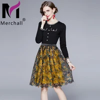 winter knitted embroidery party dress females o neck long sleeve midi dress sweater mesh casual midi dresses vestidos m63335