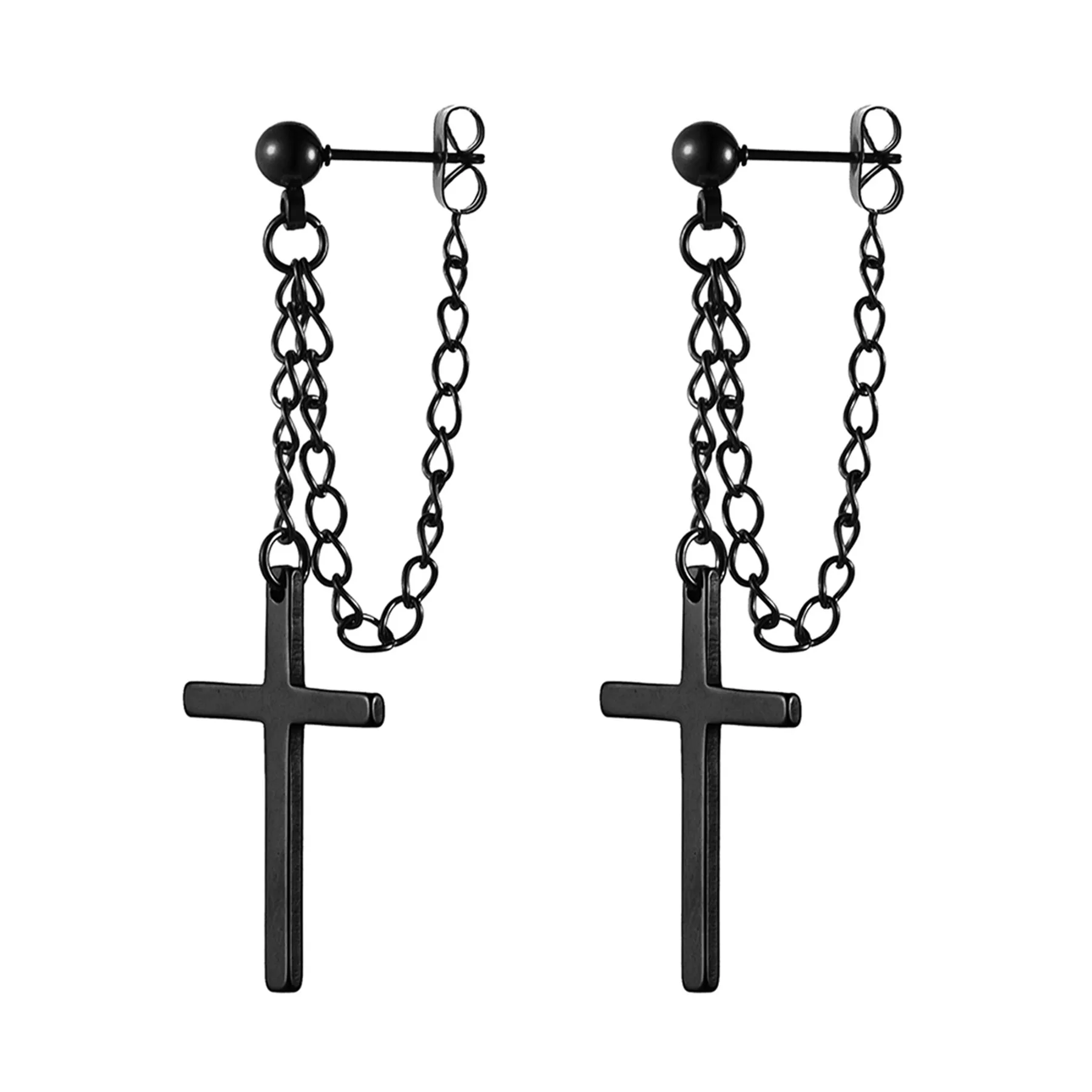 

Boniskiss Punk Cool New Arrival 2021 Retro Black Cross Tassel Earrings Chain Pendant Stainless Steel Earring Jewelry Gift