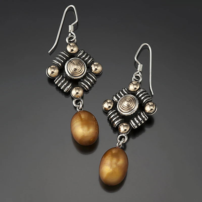 

Bohemian New Antique Pearl Long Earrings European and American Fashion Two Color Gold Coffee Pearl Pendant Necklace Earrings set