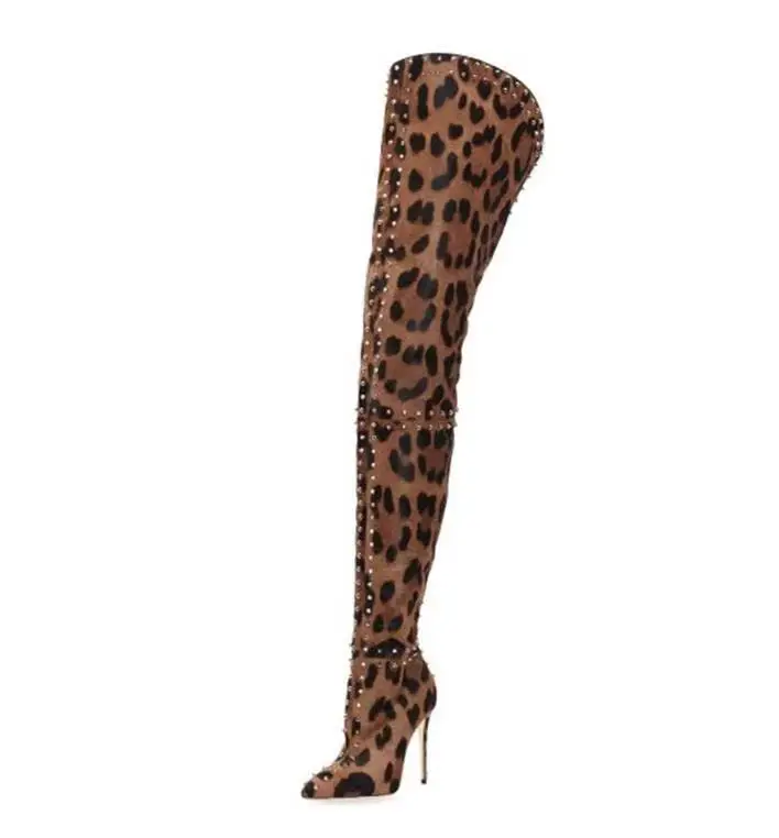 Olomm New Women Thigh High Boots Stiletto High Heels Boots Pointed Toe Gorgeous Leopard Night Club Shoes Women Plus US Size 5-15