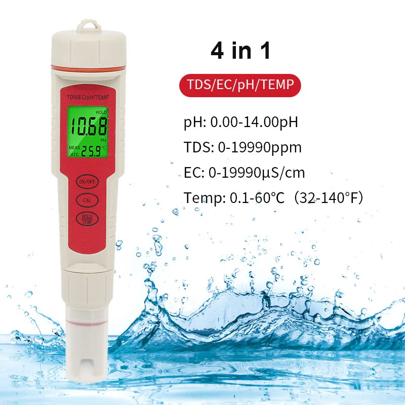

New 4 in 1 PH/TDS/EC/Temp Digital PH Meter ATC PH Tester 0.01 Resolution High Accuracy Water Quality for Water Wine Spa Aquarium