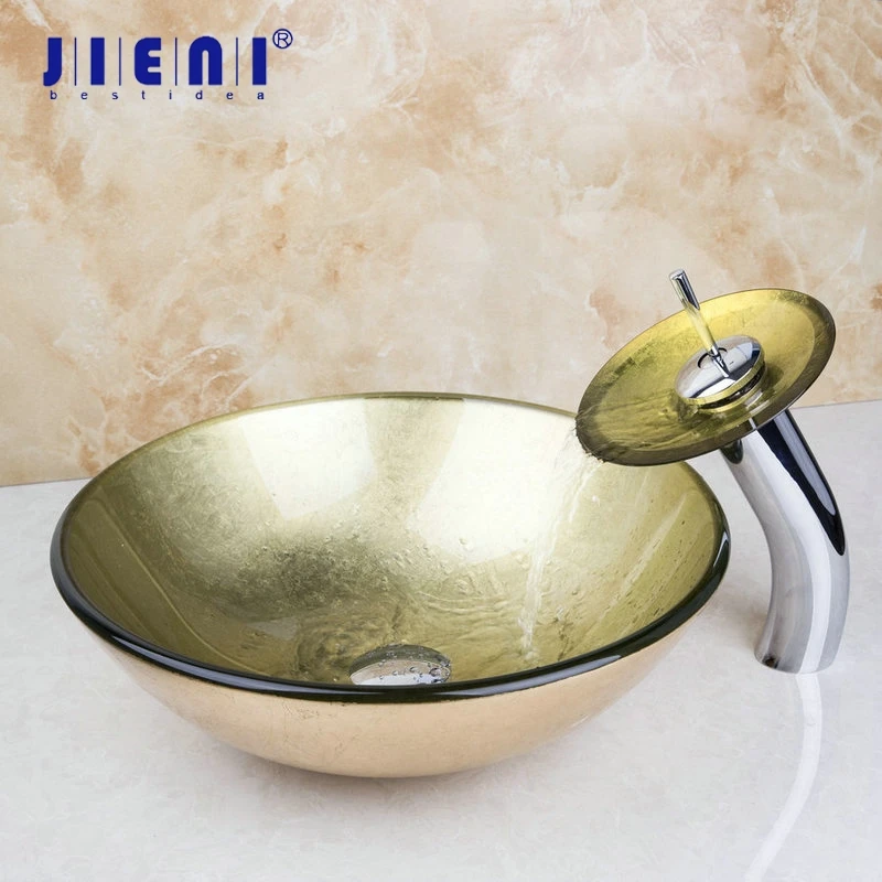 JIENI желтый стеклянный смеситель Водопад для раковины в ванной комнате раковина